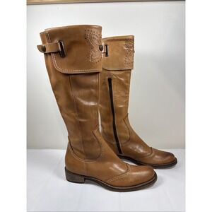 Vera Gomma Leather Riding Boots Tall Zipper Sz 36 Brown + Embroidery Flower Boho